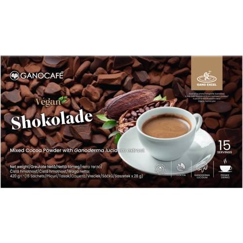 Ganocafé Végan Shokolade – Ciocolată caldă vegană cu Ganoderma Ganocafé Végan Shokolade – băutură vegană instant cu cacao și extract de Ganoderma lucidum, 15 porții